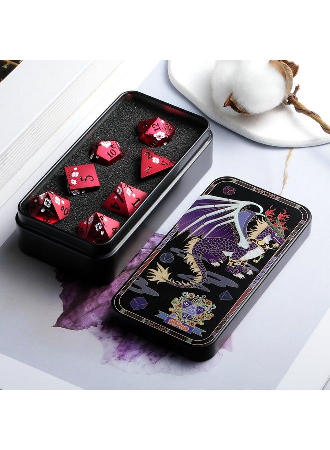 DNDND Red Dnd Metal Dice, Dndnd 7 Pcs Heavy Metallic D&D Dice Set With Gorgeous Gift Case For Dungeons And Dragon Tabletop Game (Matte Red With White Flower) - Image 4