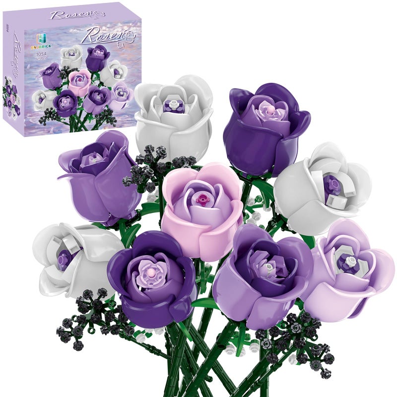 ENJBRICK Roses Flowers Bouquet Building Set Compatible with Lego for Adults,Pink Purple Roses Gift for Her or Him for Anniversary,Valentine's Day,Botanical Collection,Artificial Flowers Home Decor - Image 1
