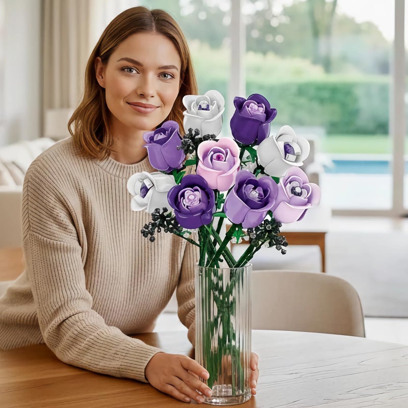 ENJBRICK Roses Flowers Bouquet Building Set Compatible with Lego for Adults,Pink Purple Roses Gift for Her or Him for Anniversary,Valentine's Day,Botanical Collection,Artificial Flowers Home Decor - Image 4