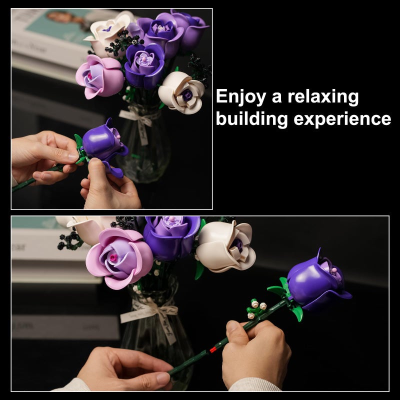 ENJBRICK Roses Flowers Bouquet Building Set Compatible with Lego for Adults,Pink Purple Roses Gift for Her or Him for Anniversary,Valentine's Day,Botanical Collection,Artificial Flowers Home Decor - Image 5