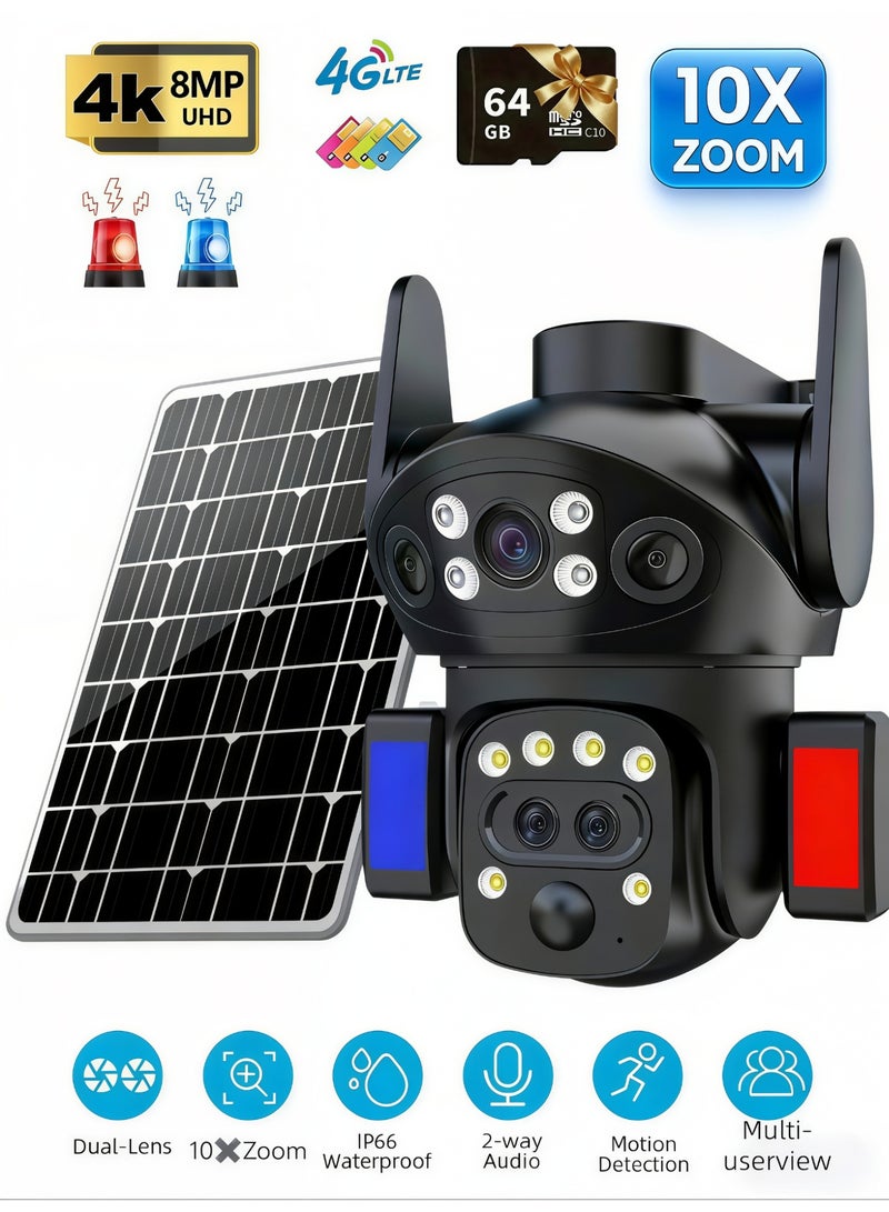 4K 8MP Solar Camera 4G Sim PTZ Cameras 10x optical zoom Outdoor Dual Lens IP Camara Solar Panel CCTV Security Built in Battery PIR Cam (With64GB SD Card)，with dual courtyard lights - Image 1