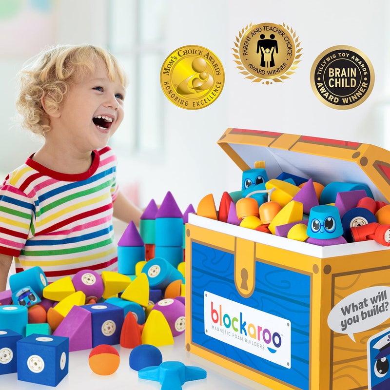 Blockaroo Magnetic Foam Building Blocks - 100-Piece Set with Storage Chest, Bath Toys for Toddlers, Preschool Toys, Sensory Toys, Blocks for Toddlers 3-5, Engineering Toys for Kids 3-5 - Image 2