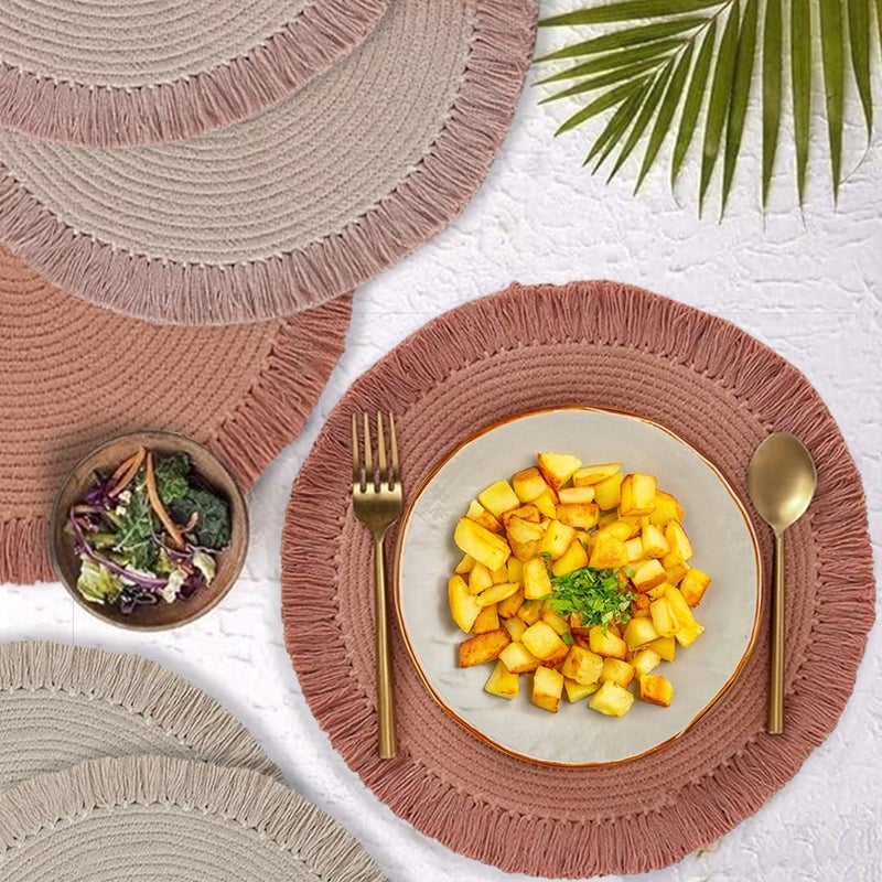 Folkulture Placemats | Round Fall Placemats Set of 6 | 100% Cotton Boho Placemats | Place Mats for Fall Decorations for Home | Anti-Slip Cloth Table Mats for Table Decor | Brown Placemat - Image 1