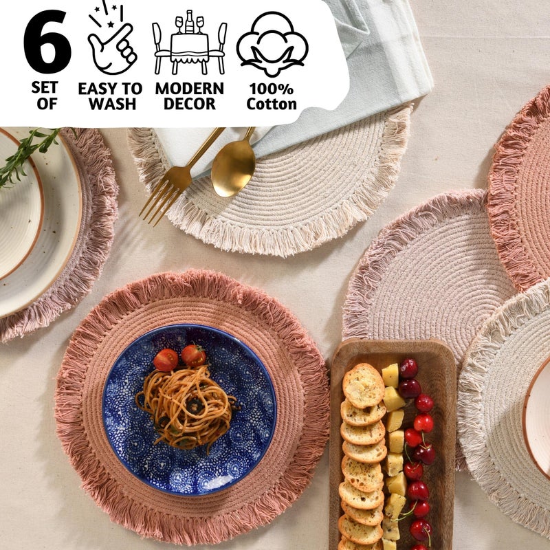 Folkulture Placemats | Round Fall Placemats Set of 6 | 100% Cotton Boho Placemats | Place Mats for Fall Decorations for Home | Anti-Slip Cloth Table Mats for Table Decor | Brown Placemat - Image 4