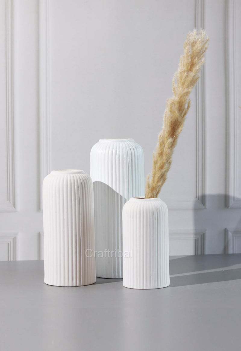 Craftribal's Modern Ceramic Flower Vase for Living Room, Flower Pots for Home Decoration, Home Decor, Line Vase (Set of 3PCS) White - Image 1