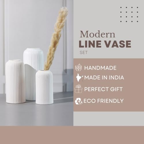 Craftribal's Modern Ceramic Flower Vase for Living Room, Flower Pots for Home Decoration, Home Decor, Line Vase (Set of 3PCS) White - Image 5