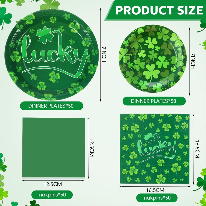 Funnymoom 200Pcs St Patrick's Day Party Supplies Kit Lucky Clover Disposable Paper Dinner Plates Dessert Plates Shamrock Luncheon Napkins and Beverage Napkins for Irish Decorations Supplies 50 Guests - Image 1
