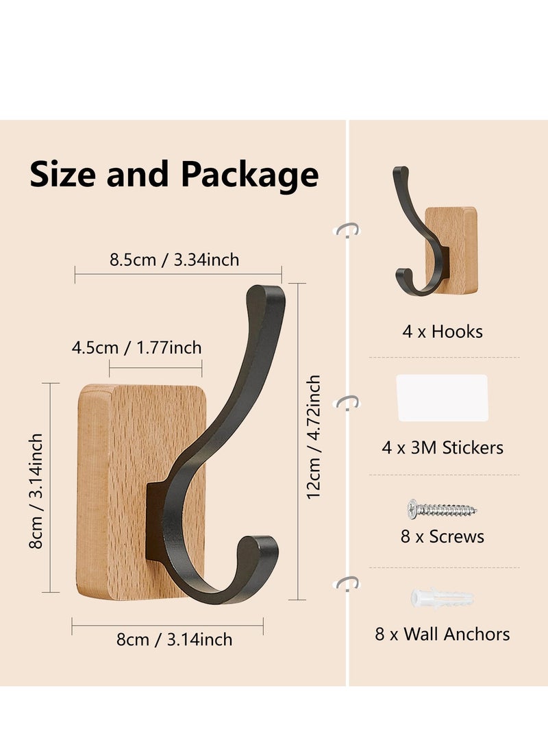 4PCS Beech Wood Wall Hooks, Rustproof Coat Rack Wall Mounted Wall Mounted Adhesive Hooks Wood Coat Hooks Wooden Towel Hooks for Hanging Coats, Hats, Bags, Keys with Two Installation Ways
