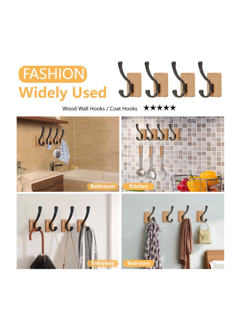 4PCS Beech Wood Wall Hooks, Rustproof Coat Rack Wall Mounted Wall Mounted Adhesive Hooks Wood Coat Hooks Wooden Towel Hooks for Hanging Coats, Hats, Bags, Keys with Two Installation Ways