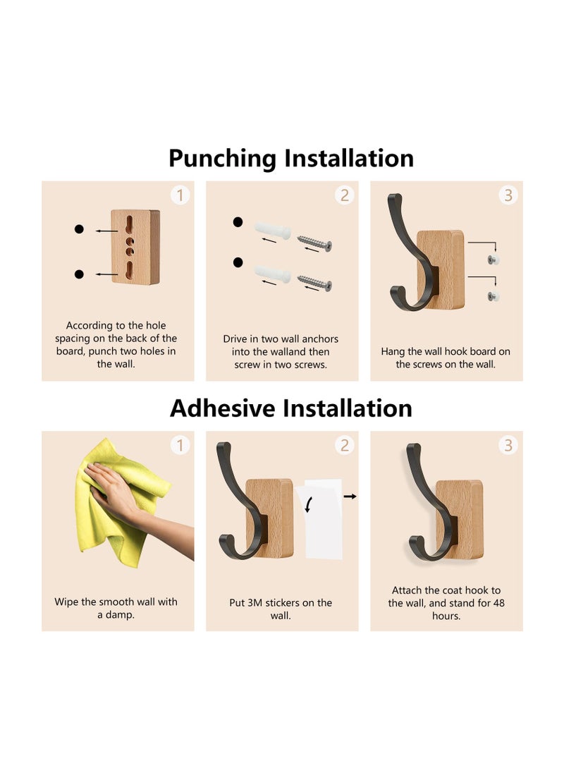 4PCS Beech Wood Wall Hooks, Rustproof Coat Rack Wall Mounted Wall Mounted Adhesive Hooks Wood Coat Hooks Wooden Towel Hooks for Hanging Coats, Hats, Bags, Keys with Two Installation Ways