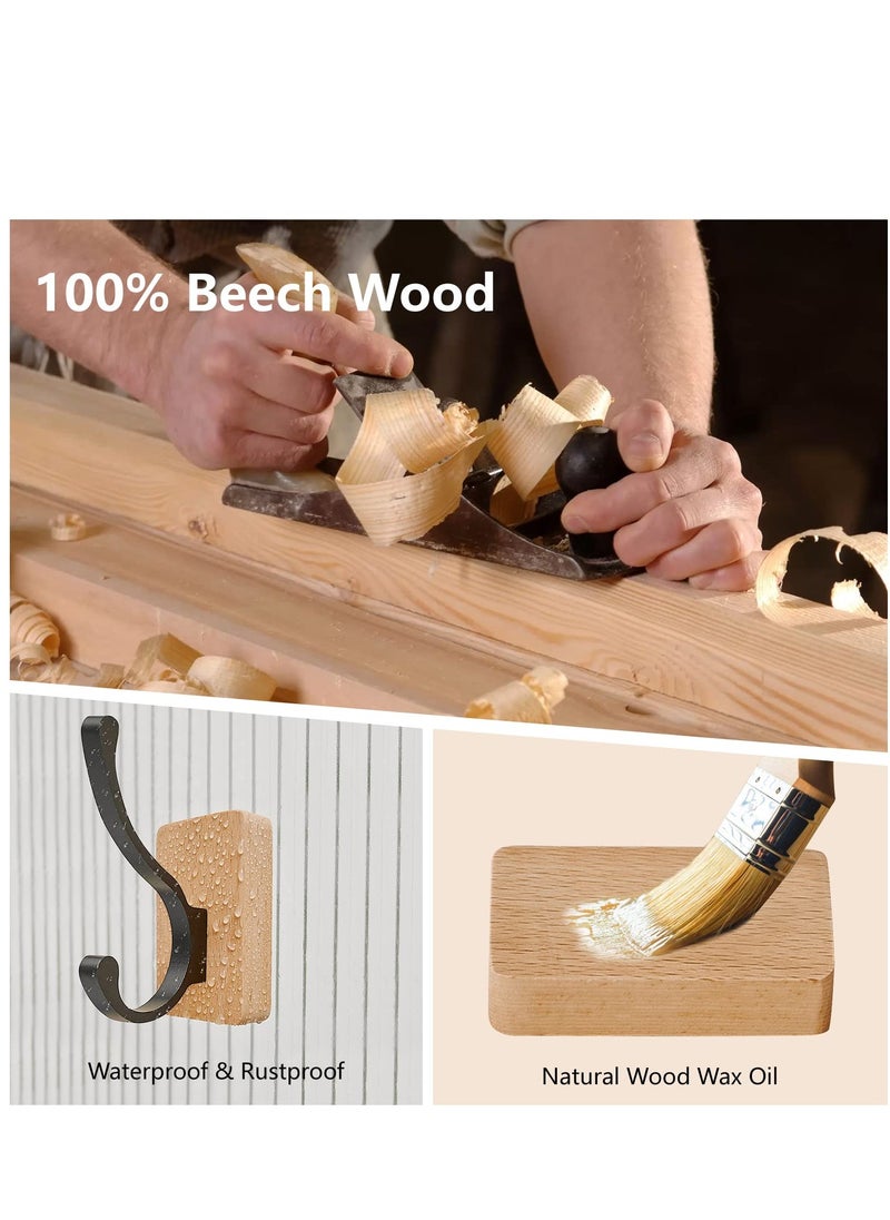 4PCS Beech Wood Wall Hooks, Rustproof Coat Rack Wall Mounted Wall Mounted Adhesive Hooks Wood Coat Hooks Wooden Towel Hooks for Hanging Coats, Hats, Bags, Keys with Two Installation Ways