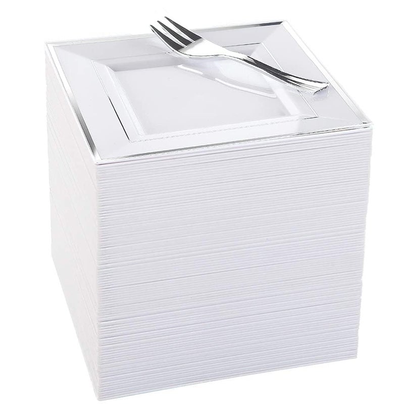 WDF Silver Plastic Dessert Plates with Plastic Forks  6 100 Square Disposable Appetizer Plates Small Plates Cake Plates with Silver Rim 100 Small Appetizer Forks for PartyWedding