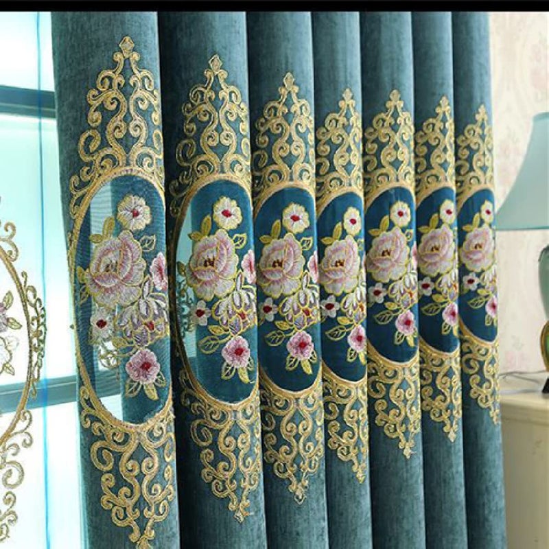 Amidoudou 1 Pair European Luxury Jacquard Hollow Curtains Embroidered Chenille Curtains for Living Room Bedroom (Blue,51x96 Inch) - Image 4
