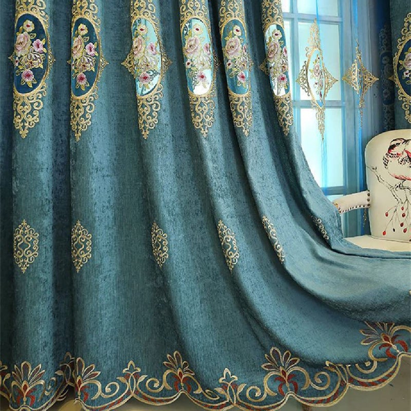Amidoudou 1 Pair European Luxury Jacquard Hollow Curtains Embroidered Chenille Curtains for Living Room Bedroom (Blue,51x96 Inch) - Image 1