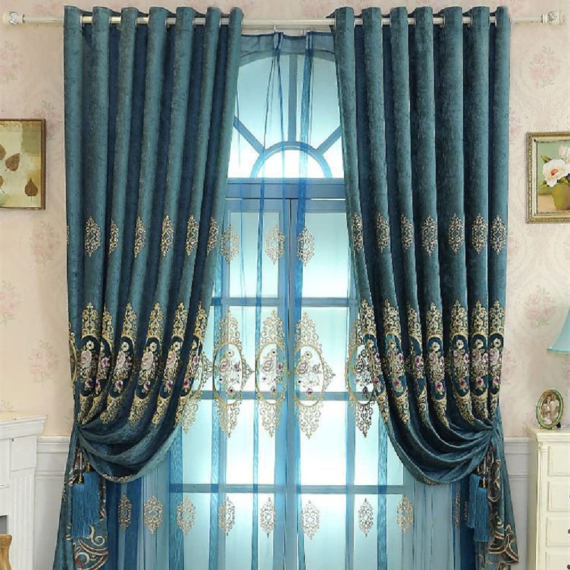 Amidoudou 1 Pair European Luxury Jacquard Hollow Curtains Embroidered Chenille Curtains for Living Room Bedroom (Blue,51x96 Inch) - Image 2