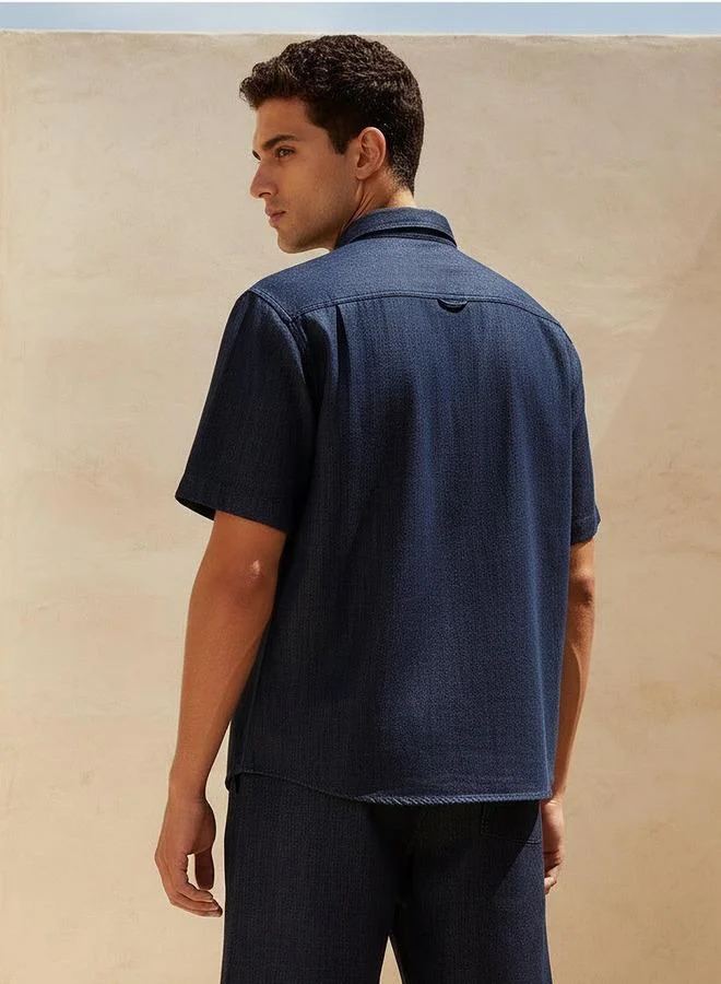Lee Cooper  Lee Cooper Men Regular Fit Collared Textured Denim Shirt for Men | Best Price UAE