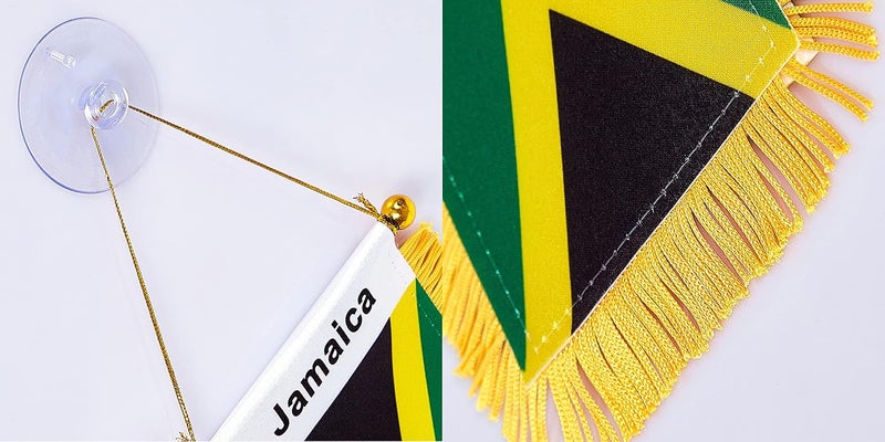 WXTWK 3 X 5 Inch Jamaica Flag Jamaican Window Hanging Flag Small Mini Car Flags Banners Rearview Mirror Decoration with Suction Cup Golden Fringy Banner - Image 3