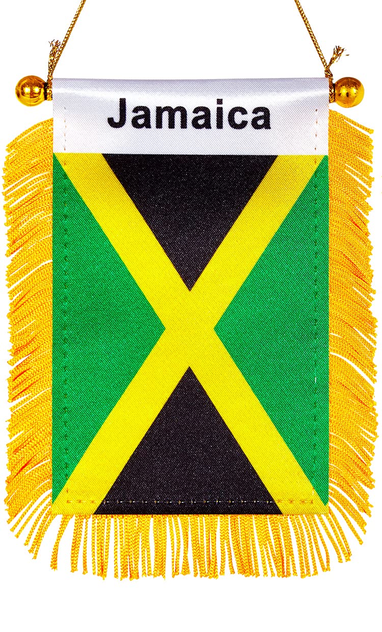 WXTWK 3 X 5 Inch Jamaica Flag Jamaican Window Hanging Flag Small Mini Car Flags Banners Rearview Mirror Decoration with Suction Cup Golden Fringy Banner - Image 1