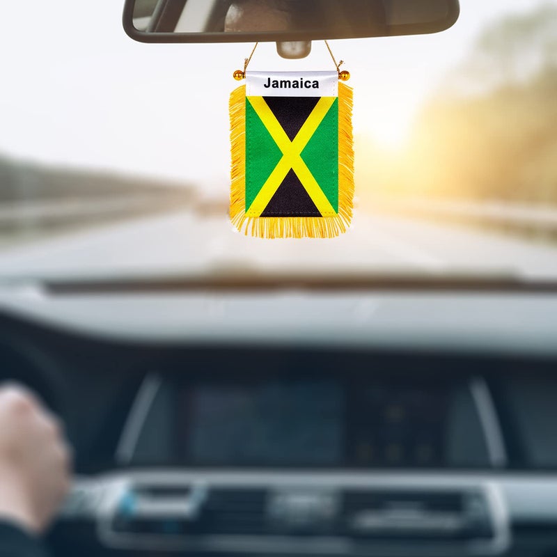 WXTWK 3 X 5 Inch Jamaica Flag Jamaican Window Hanging Flag Small Mini Car Flags Banners Rearview Mirror Decoration with Suction Cup Golden Fringy Banner - Image 4