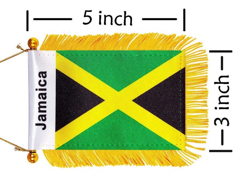 WXTWK 3 X 5 Inch Jamaica Flag Jamaican Window Hanging Flag Small Mini Car Flags Banners Rearview Mirror Decoration with Suction Cup Golden Fringy Banner - Image 2