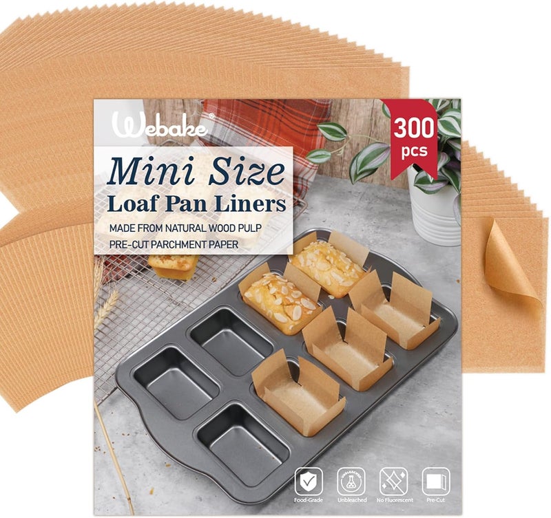 وي بيك Webake 300 قطعة ورق خبز غير مبيض لبطانة صواني الخبز الصغيرة لـ 8 تجاويف، مقاس 3.8x2.5، 3x2 لخبز الموز الصغير، مقطع مسبقًا أصلي، غير سام - Image 1