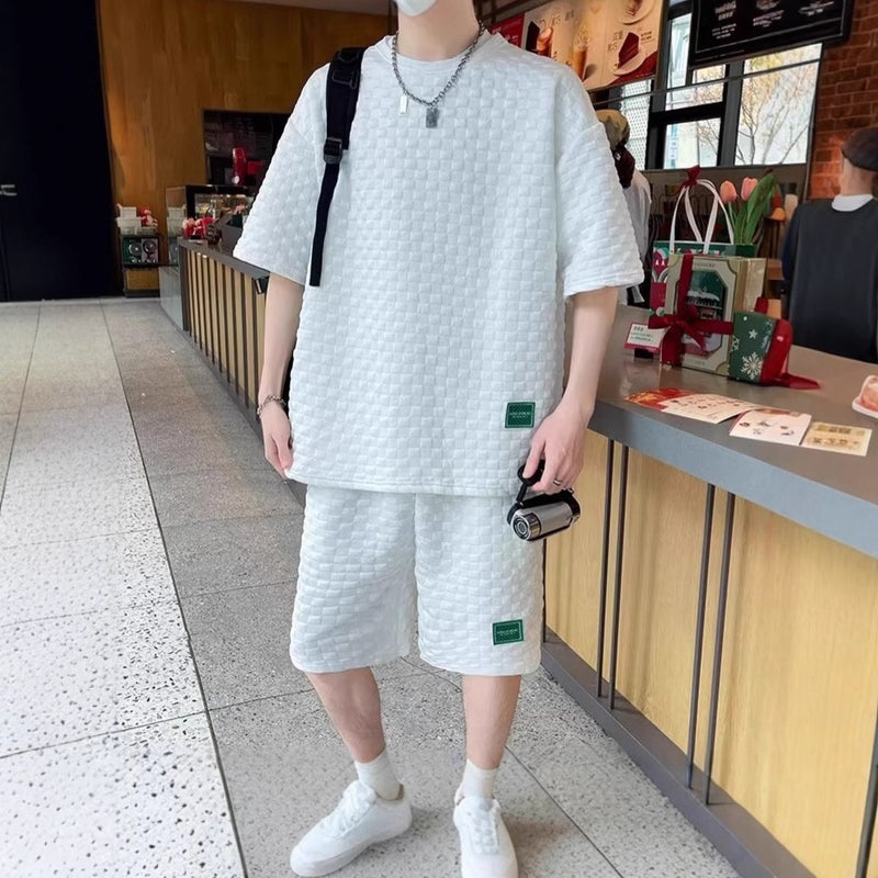 Summer Wafflesque suit Mens Ins Hong Kong Style All-match Loose Short-sleeved T-shirt Shorts Fashion Brand Handsome Casual Two-piece Set White apricot 