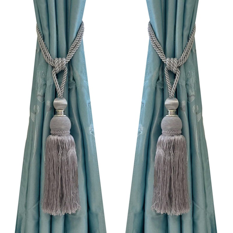 SWTool Selling Wonderful Curtain Holdbacks Curtains Tiebacks Home Decorative Braided Buckle Fastener Accessories Window Drapery Ball Tassels Tiebacks, Set of 2 (Silver Grey) - Image 1