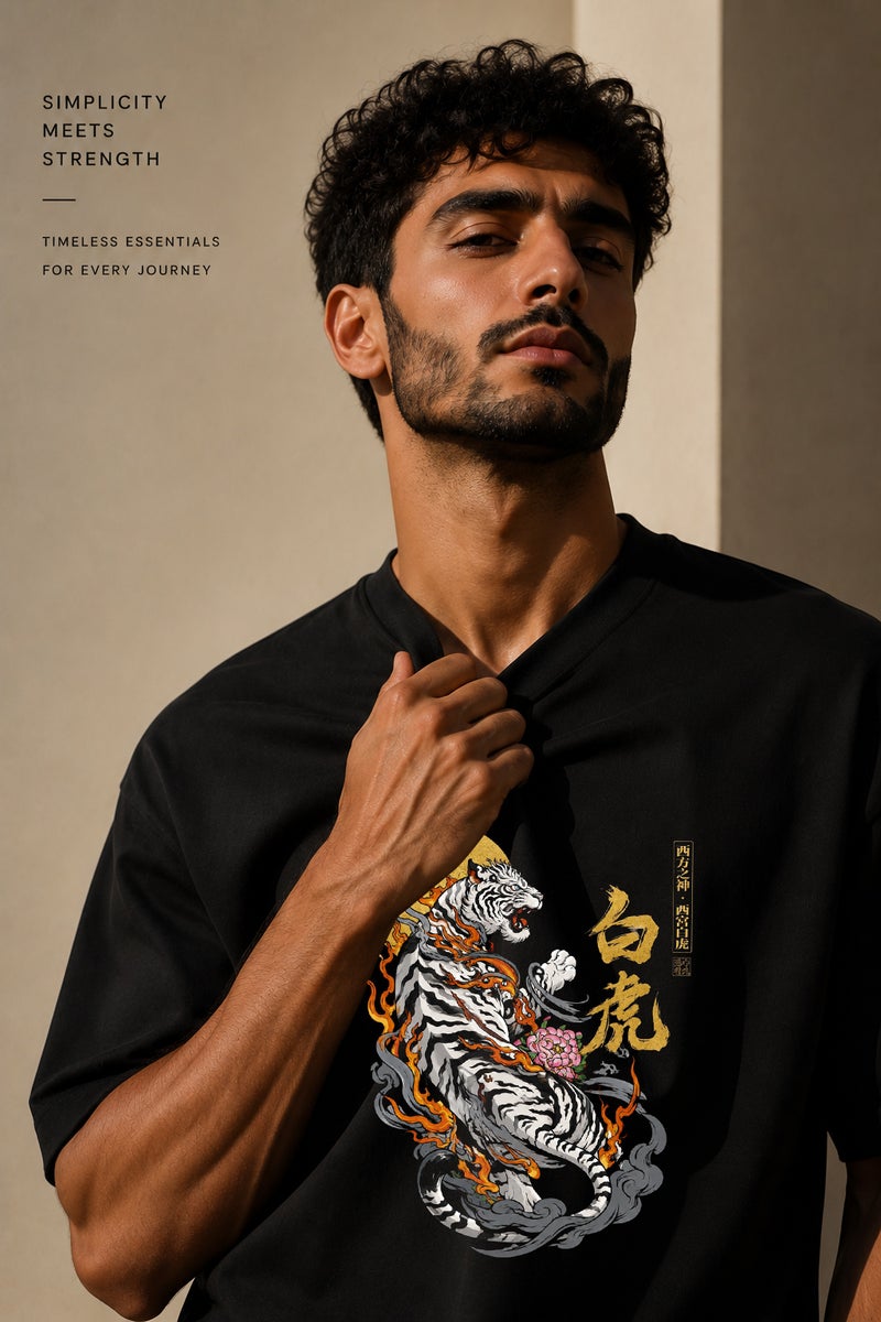 Men's Oversized Black Tiger Graphic T-Shirt Casual Short Sleeve Crew Neck Streetwear Tee - Image 5