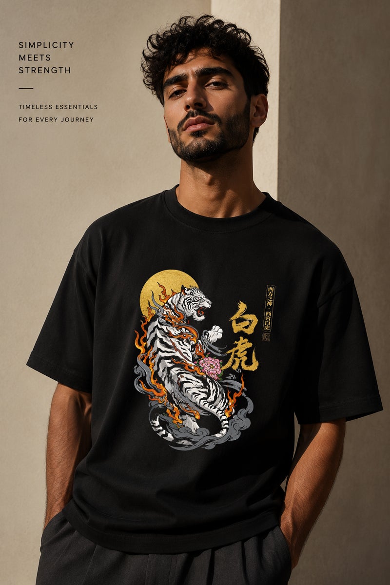 Men's Oversized Black Tiger Graphic T-Shirt Casual Short Sleeve Crew Neck Streetwear Tee - Image 1