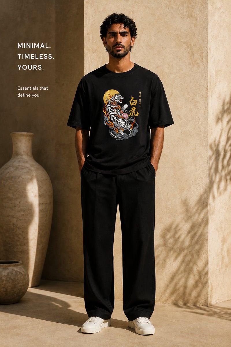 Men's Oversized Black Tiger Graphic T-Shirt Casual Short Sleeve Crew Neck Streetwear Tee - Image 2