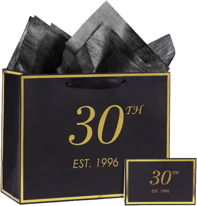 momoake 30th Birthday Gift Bag with Card and Tissue Paper for Men Women, 1995 30 Year Old 13" Elegant Black Gold Anniversary Keepsake Party Present Shopping Paper Bags for Gifts Wrapping (1995 30th) - Image 1