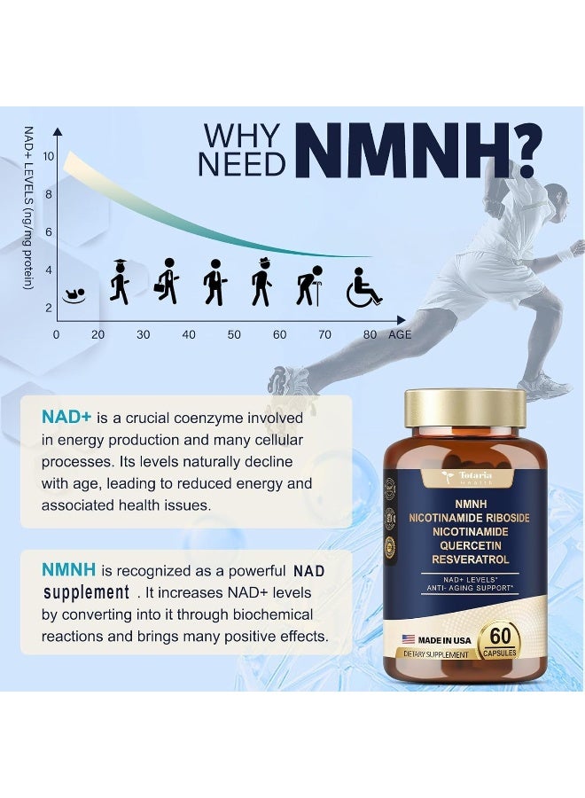Totaria Nmnh (Nad Or Nmn Alternative Supplement) (Dihydronicotinamide Mononucleotide) Ultra Strength, Nad+ Support W/Nr, Resveratrol & Quercetin, Ultra Absorption For Anti-Aging, Vegan, Usa Made - Image 2