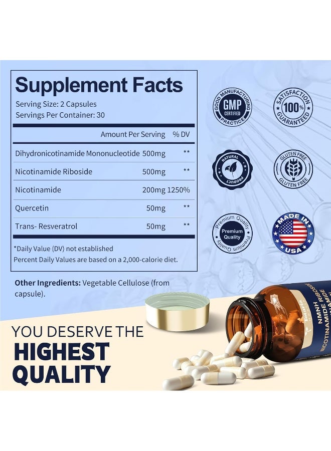 Totaria Nmnh (Nad Or Nmn Alternative Supplement) (Dihydronicotinamide Mononucleotide) Ultra Strength, Nad+ Support W/Nr, Resveratrol & Quercetin, Ultra Absorption For Anti-Aging, Vegan, Usa Made - Image 4