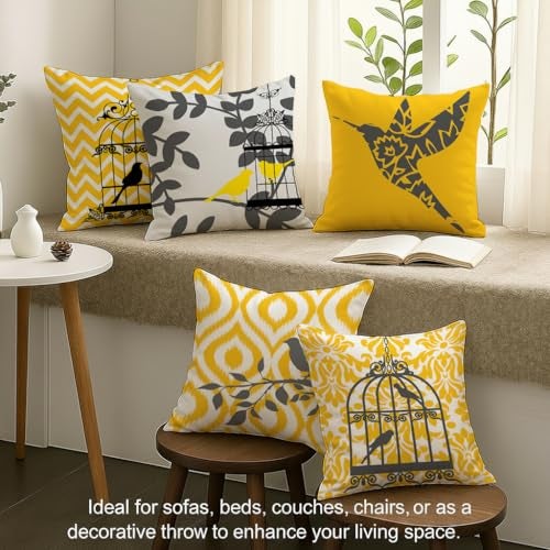 STITCHNEST Set of 5 Polycotton Cushion Covers – 16x16 Inches – Yellow & Grey Bird Cage Theme with Ikat and Chevron Prints – Modern Cushion Covers for Sofa & Living Room | Perfect for Home Decor - Image 3