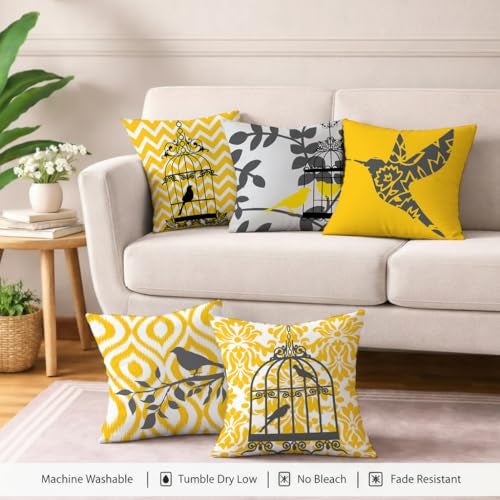 STITCHNEST Set of 5 Polycotton Cushion Covers – 16x16 Inches – Yellow & Grey Bird Cage Theme with Ikat and Chevron Prints – Modern Cushion Covers for Sofa & Living Room | Perfect for Home Decor - Image 5