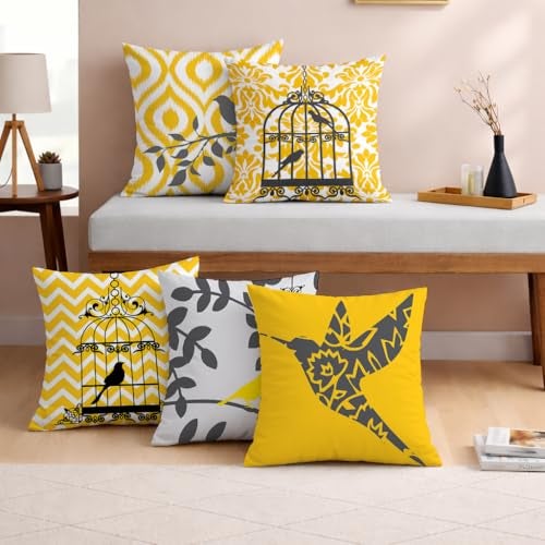 STITCHNEST Set of 5 Polycotton Cushion Covers – 16x16 Inches – Yellow & Grey Bird Cage Theme with Ikat and Chevron Prints – Modern Cushion Covers for Sofa & Living Room | Perfect for Home Decor - Image 1