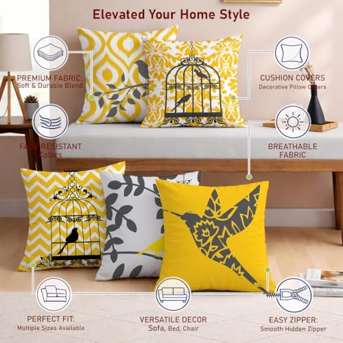 STITCHNEST Set of 5 Polycotton Cushion Covers – 16x16 Inches – Yellow & Grey Bird Cage Theme with Ikat and Chevron Prints – Modern Cushion Covers for Sofa & Living Room | Perfect for Home Decor - Image 4