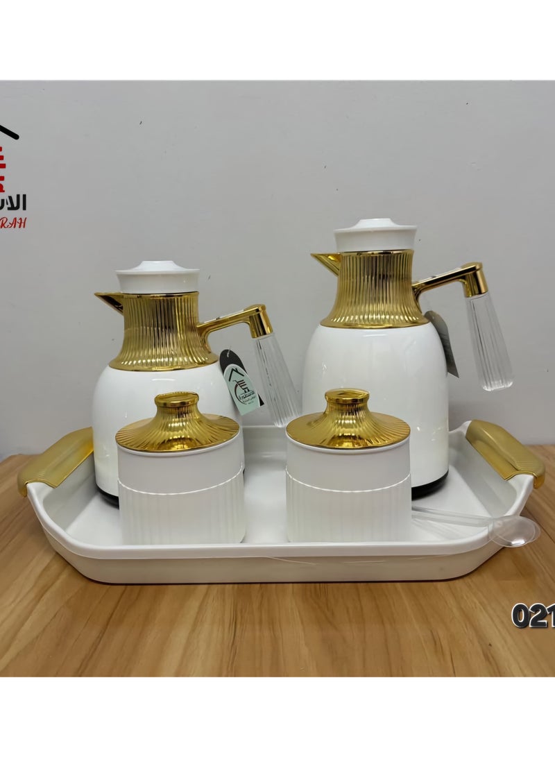 الأسطورة طقم ترامس ابيض+ذهبي للشاي والقهوة مع صينية تقديم وعلبة سكر وعلبة شاي بتصميم جذاب 5 قطع