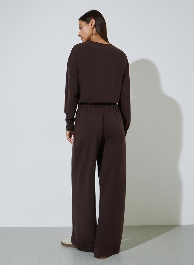 Styli Brown Solid Long Sleeves Top and Wide Leg Joggers Set - Image 3