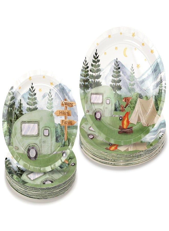 Nefelibata 50 pcs One Happy Camper Disposable Paper Plates with Sage Green Camp Van Camping Birthday Favors Bachelorette Happy Camper for Boys Girls Outdoor Party Table Food Tray - Image 1