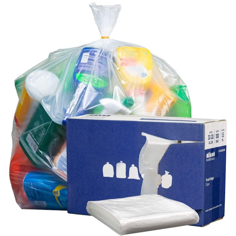 Plasticplace 3233 Gallon Trash Bags 15 Mil Clear Heavy Duty Garbage Can Liners 33 x 39 100 Count Pack of 1 W33LDC15