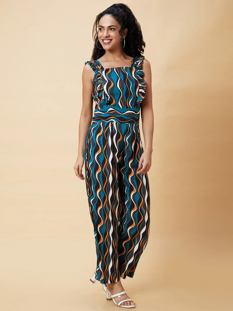 globus Globus Women Blue Printed Square Neck Basic Jumpsuit