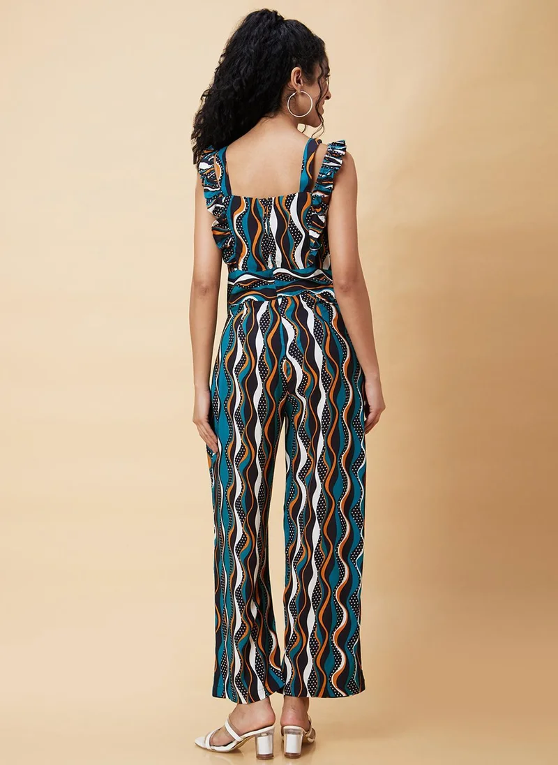 Globus Blue Globus Women Blue Printed Square Neck Basic Jumpsuit for Women | Best Price UAE