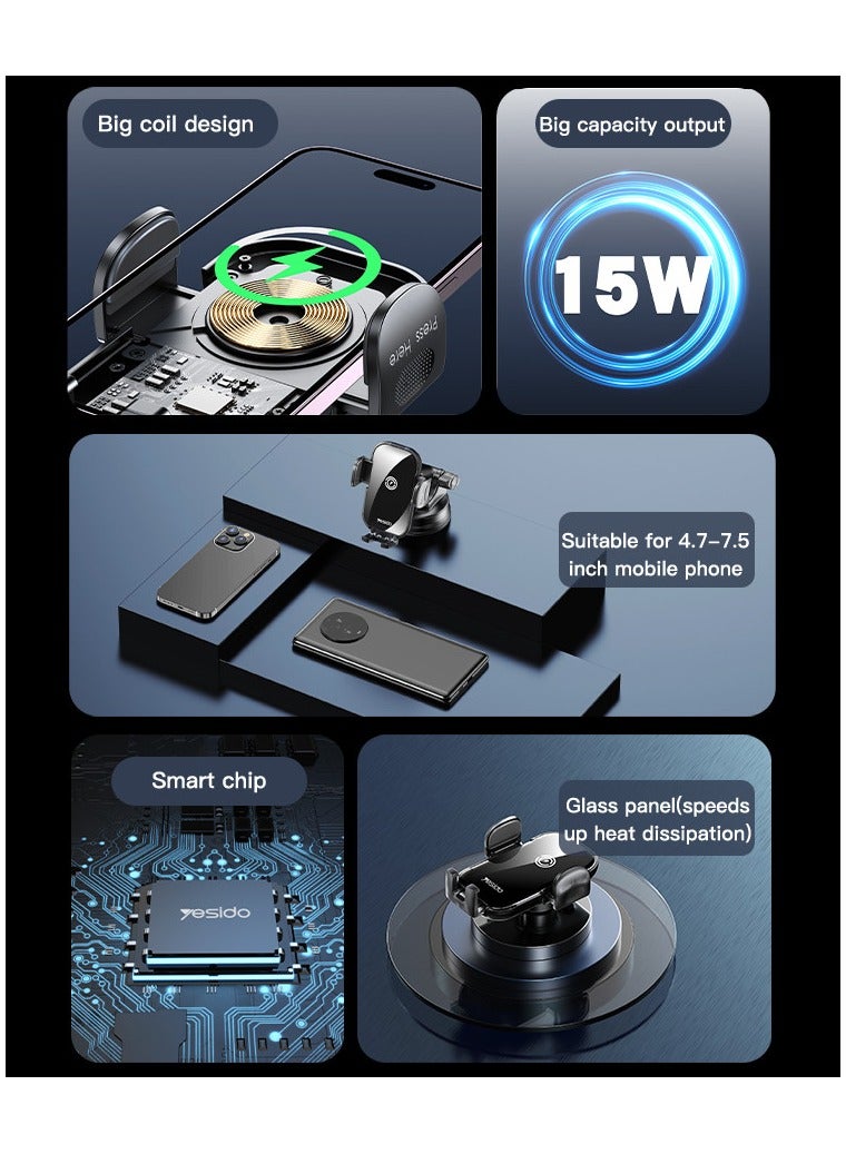 Yesido Phone Holder|15W Fast Charging Wireless Car Charger|360 Degree Rotating Air Vent C197 - Image 5