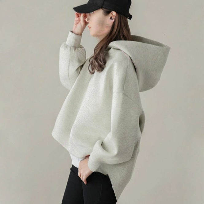 Japanese style 2023 spring and summer new simple solid color loose hooded sweater for women Gray 