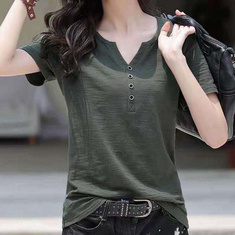 Short-Sleeved T-Shirt For Women Loose Large Size Korean Summer Wear 2023 New V Neck Purple Button Women'S Body Trend - Image 4