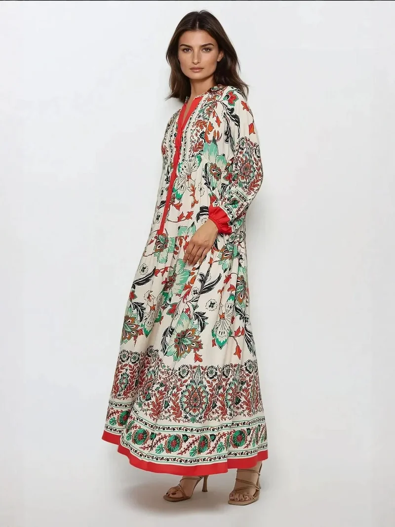 زوبعة فستان ماكسي طويل الأكمام من الفيسكوز مطبوع