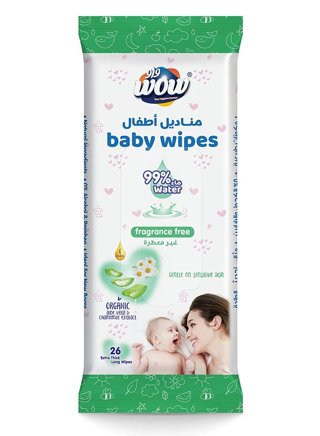 WOW Baby Wipes - Fragrance Free 99% Water Wipes | Extra Thick Long Wipes with Organic Aloe Vera, Chamomile Extract and Vitamin E, Gentle on sensitive skin| 26's Single Pack