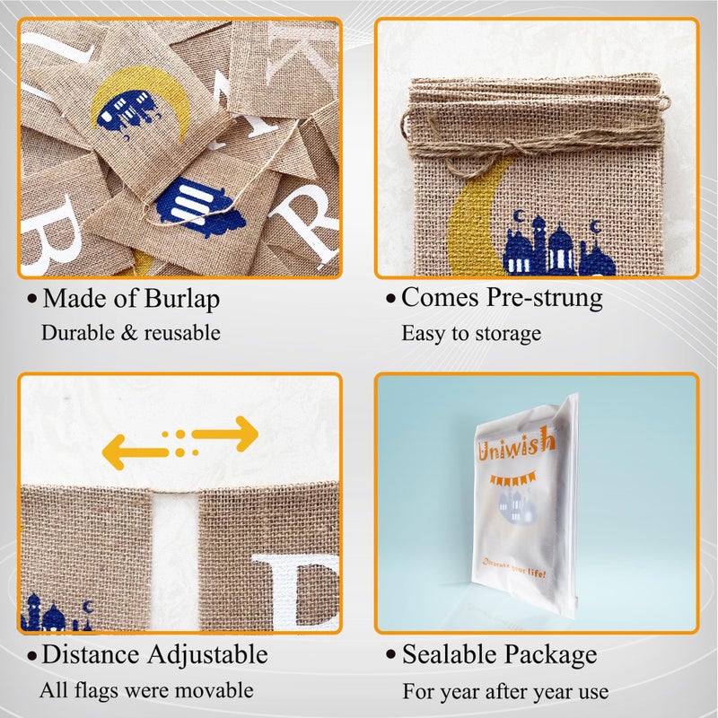 Uniwish لافتة رمضان مبارك من يوني ويش - زينة قماش الخيش لتزيين المنزل والمدفأة لاحتفالات عيد مبارك ومستلزمات الحفلات الإسلامية - Image 2