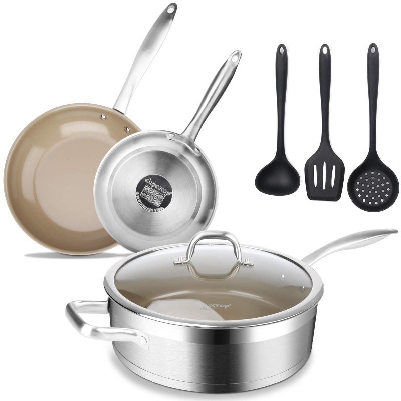 Duxtop 7PC Stainless Steel Ceramic Coated Nonstick Pans Set Induction Frying Pans Nonstick Saute Pan with Lid Impactbonded Technology